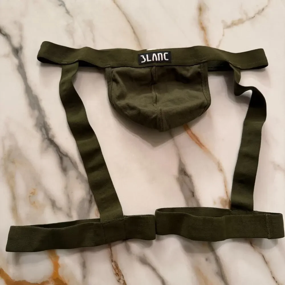 NEW Blanc Menswear Cotton BL094 Lyon Garter Thong Color Khaki Green Size Medium